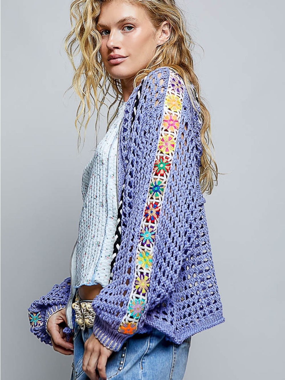 POL Open Knit Zip Hoodie Sweater L Purple Crochet Patchwork Boho Festival - Picture 3 of 9